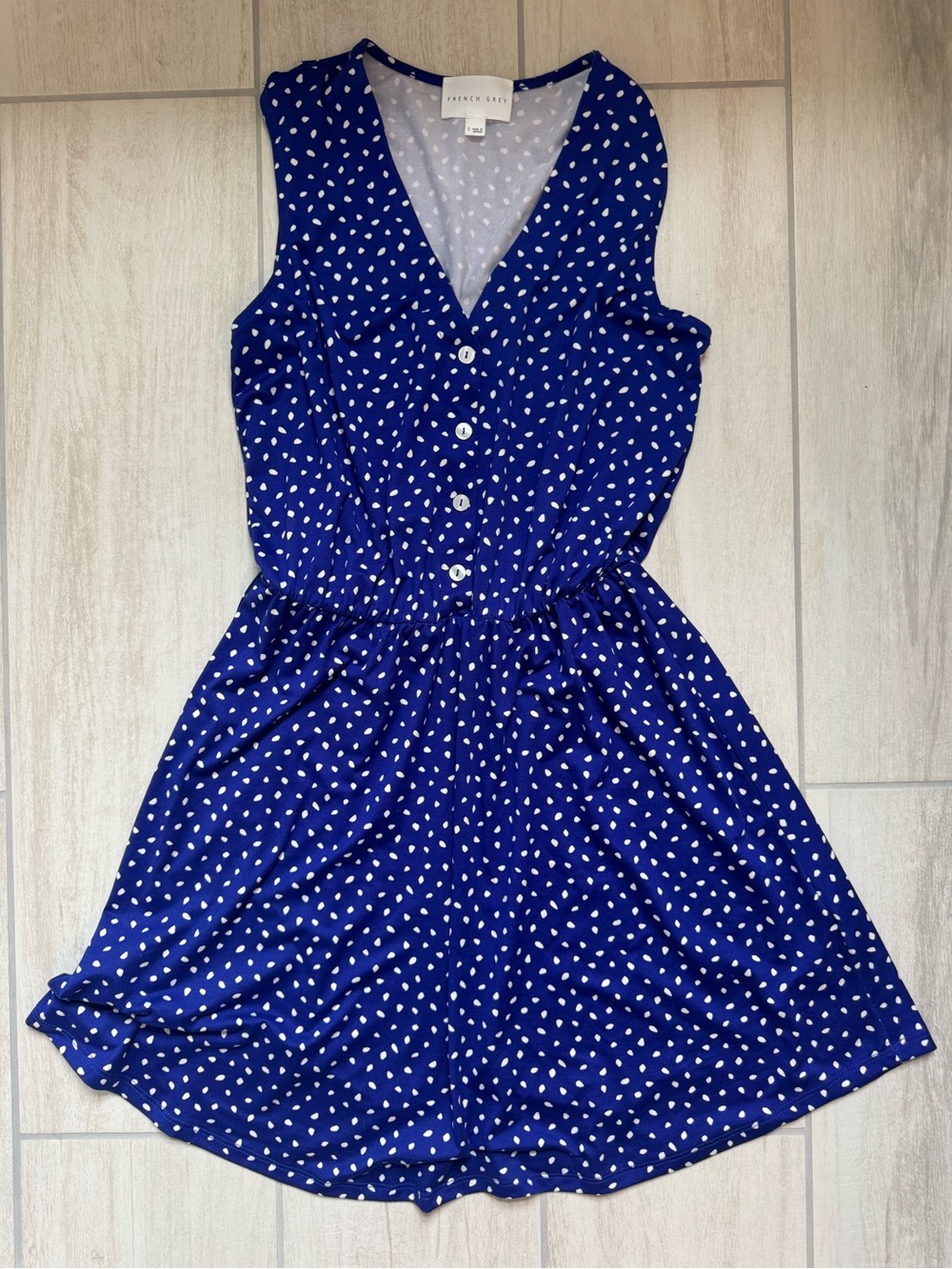 French Grey Blue and White Polka Dot Top